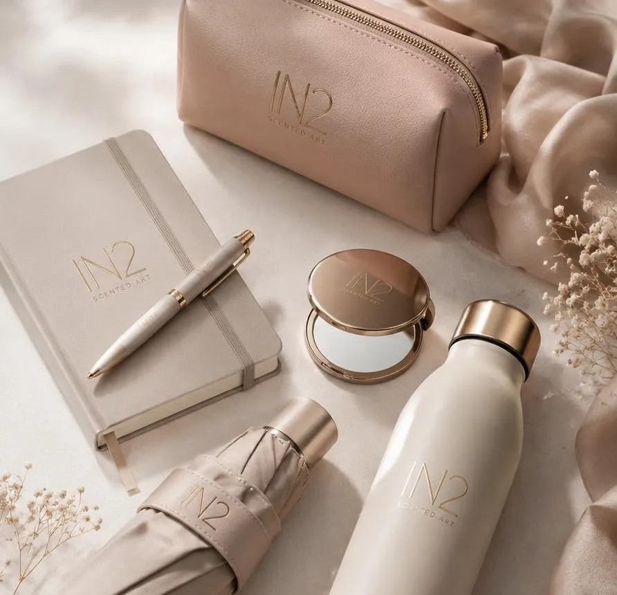 Branded notebook, pen, bottle and cosmetic pouch